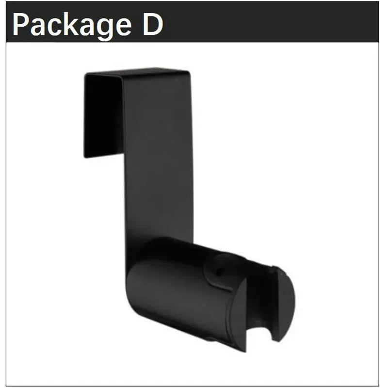 Black wall-mount bidet sprayer hose holder for handheld toilet wash.