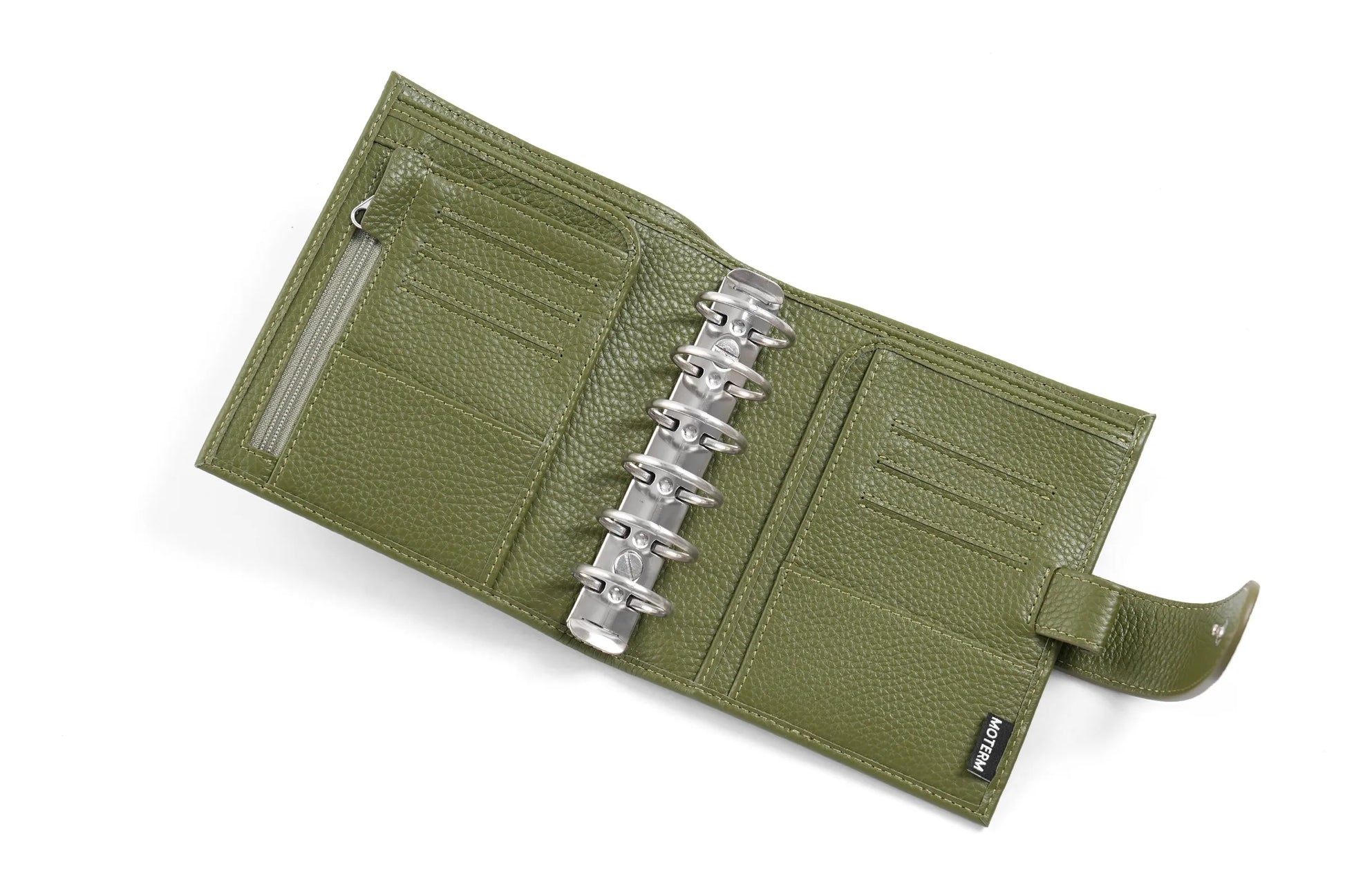 Moterm Luxe 2.0 pocket planner in olive green pebble-grain leather with 30mm ring binder and multiple card slots