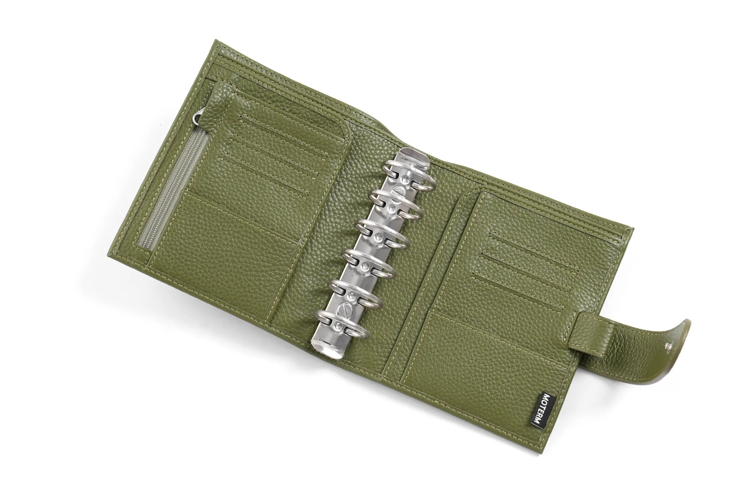 Moterm Luxe 2.0 pocket planner in olive green pebble-grain leather with 30mm ring binder and multiple card slots