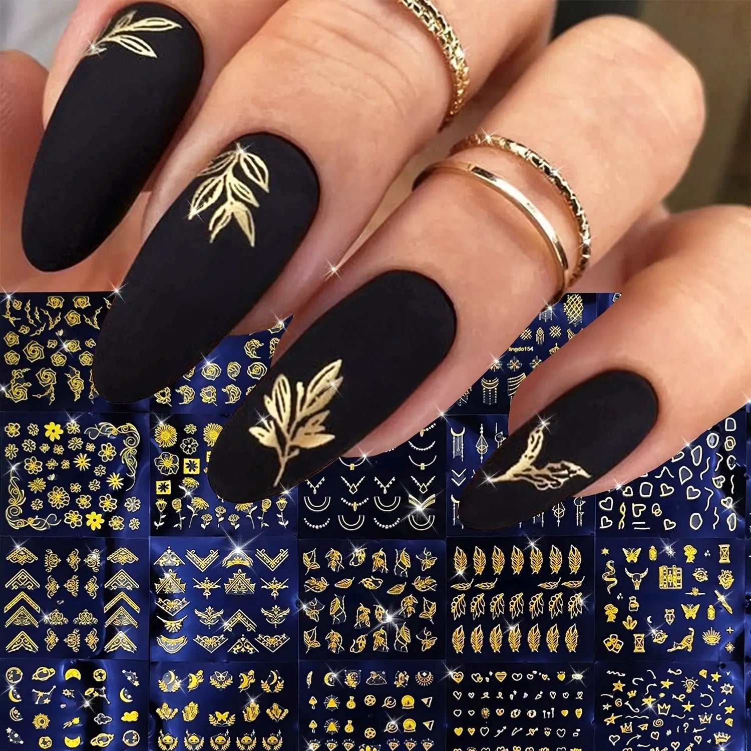 30 Sheets Golden Floral Nail Art Stickers with 3D self-adhesive gold leaf and flower designs for DIY manicure