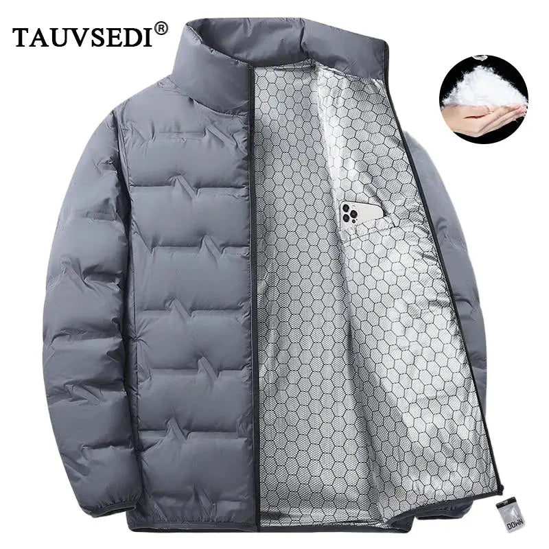 TAUVSEDI men's gray quilted duck-down jacket; ultralight, windproof with inner phone pocket