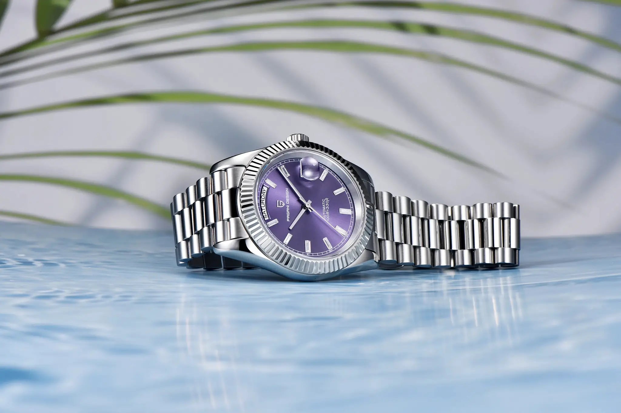 PAGANI DESIGN DD40 men's stainless steel watch with purple dial and fluted bezel