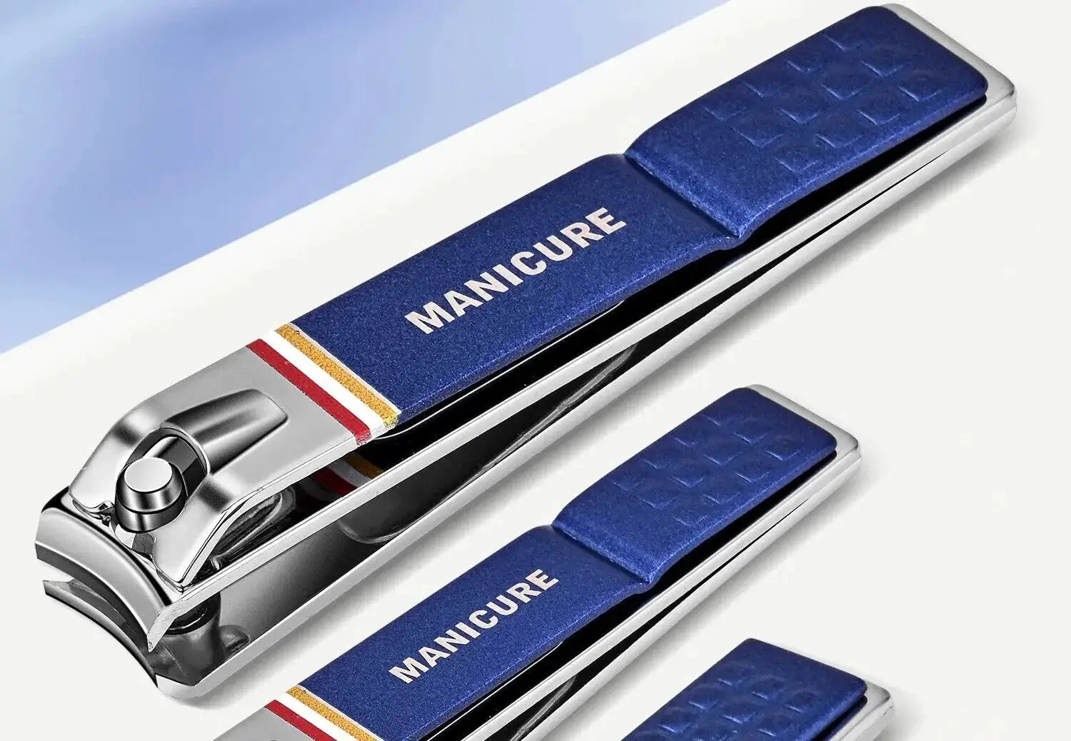 Nail clipper set (9–19pc) in stainless steel with folding blue cases