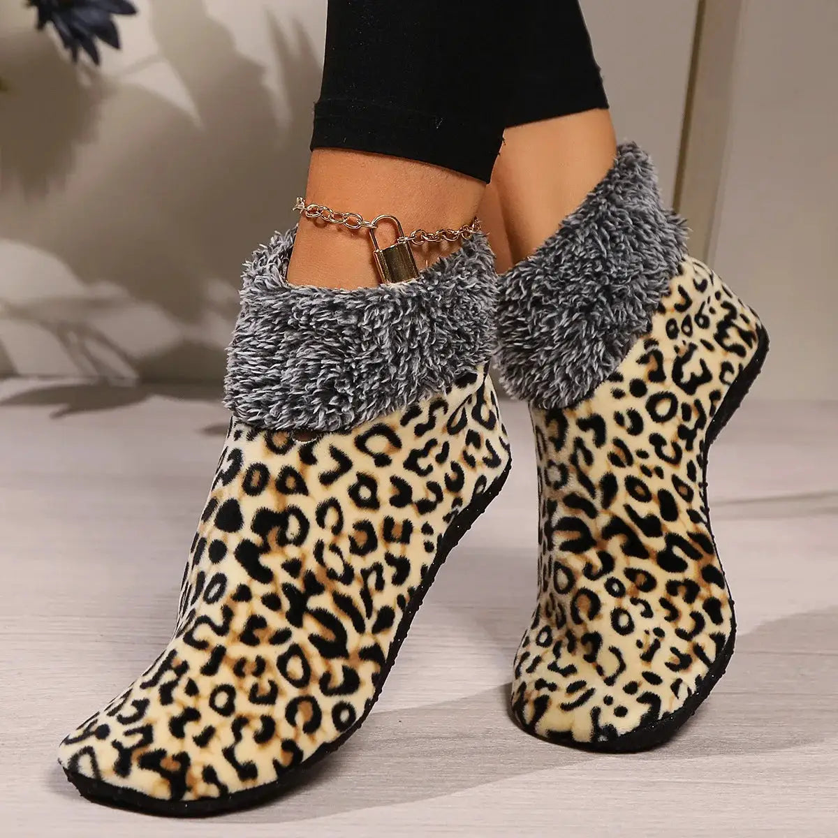 CozyNest Unisex Leopard Print Floor Socks With Non Slip Soles For Warm Home Comfort In Fall And Winter