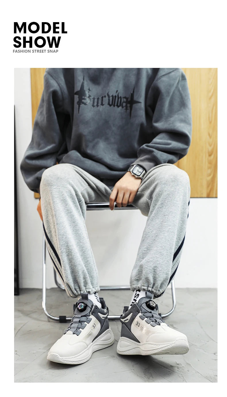 Mens sneakers by Simples Market with rotating buckle, grey and white, non-slip lace-up athletic shoes.