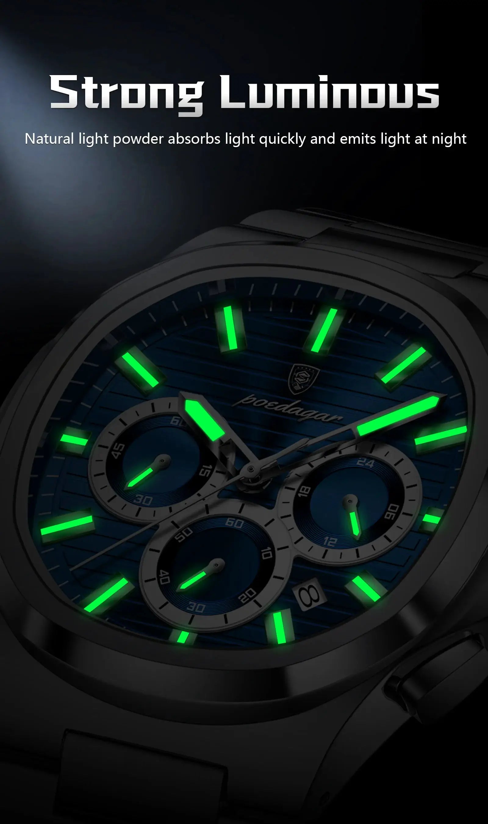 POEDAGAR men's stainless steel wristwatch with blue dial, date window, chronograph subdials, and green luminous markers