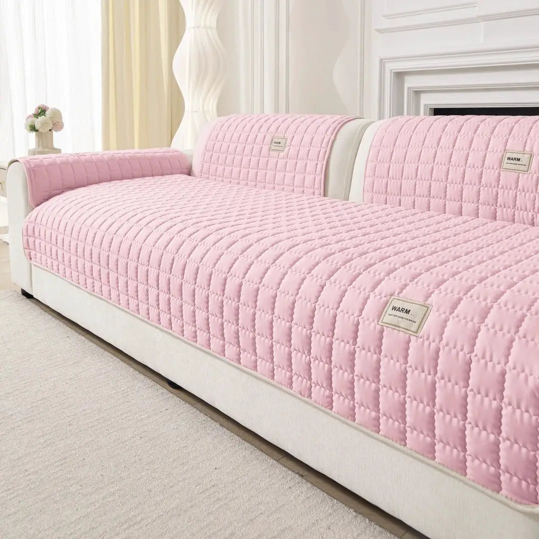 Pink quilted anti-slip sofa cover for living room furniture