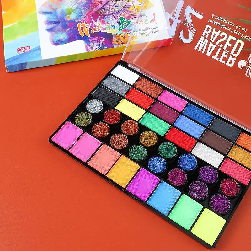 42 Color Water Soluble Face and Body Paint Set Neon Glitter Glow