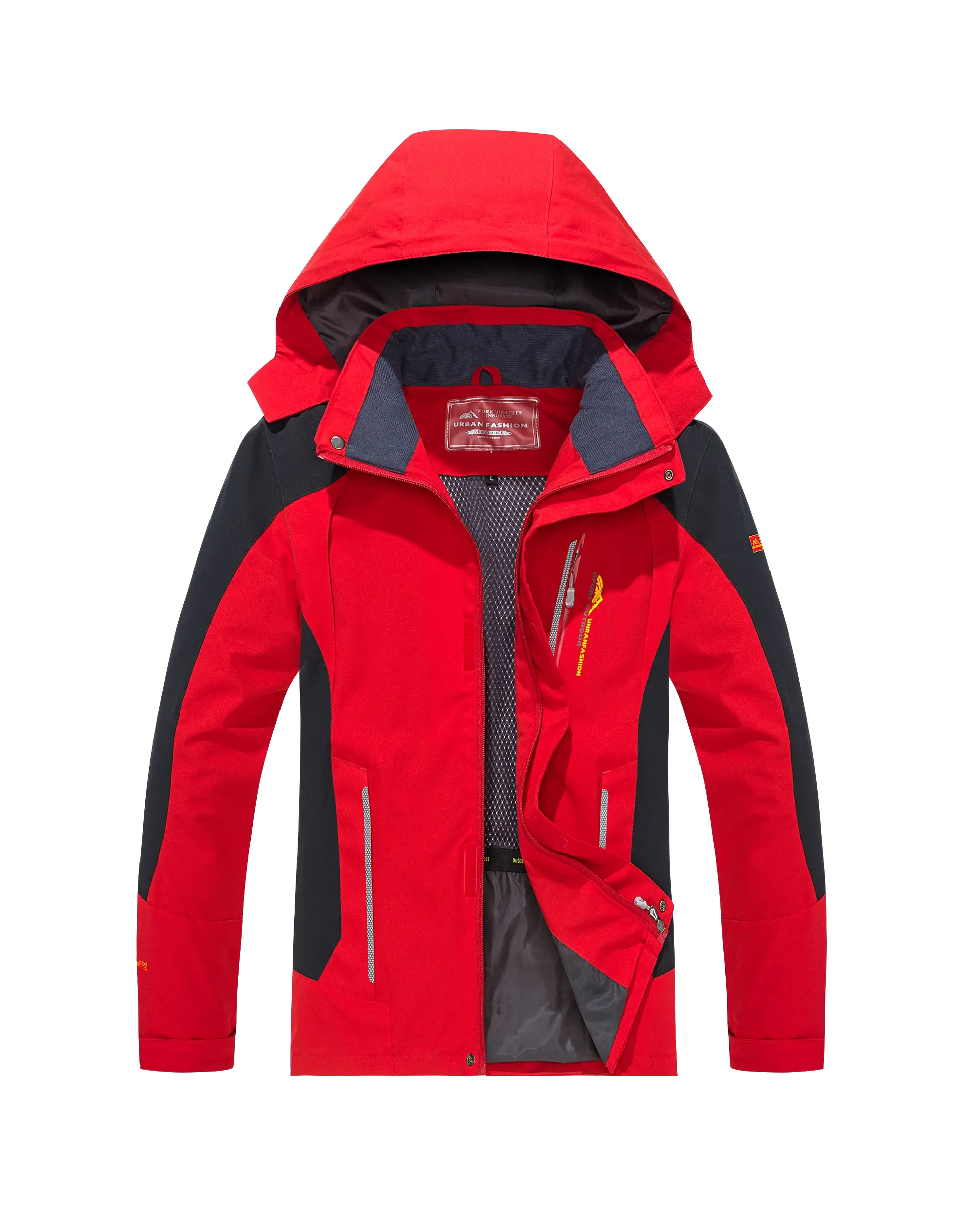 Men's red and black waterproof hiking jacket with hood, windproof outdoor coat.
