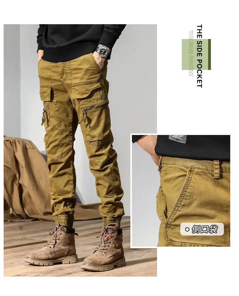 CAAYU cargo joggers for men; khaki multi-pocket cargo pants with zip pockets and cuffed hems