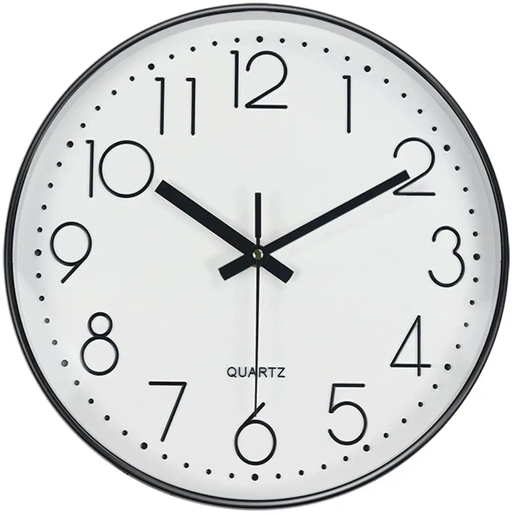 Modern minimalist wall clock by Simples Market; white dial, black frame, tempered glass, silent quartz.