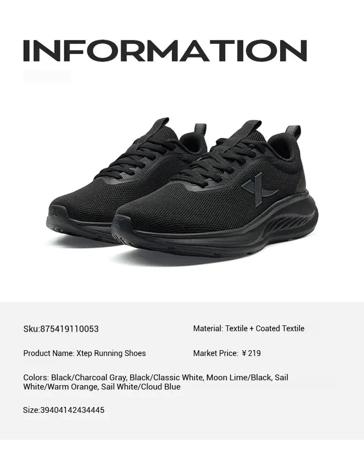 Xtep running shoes for men, black breathable mesh, lightweight soft-soled pair
