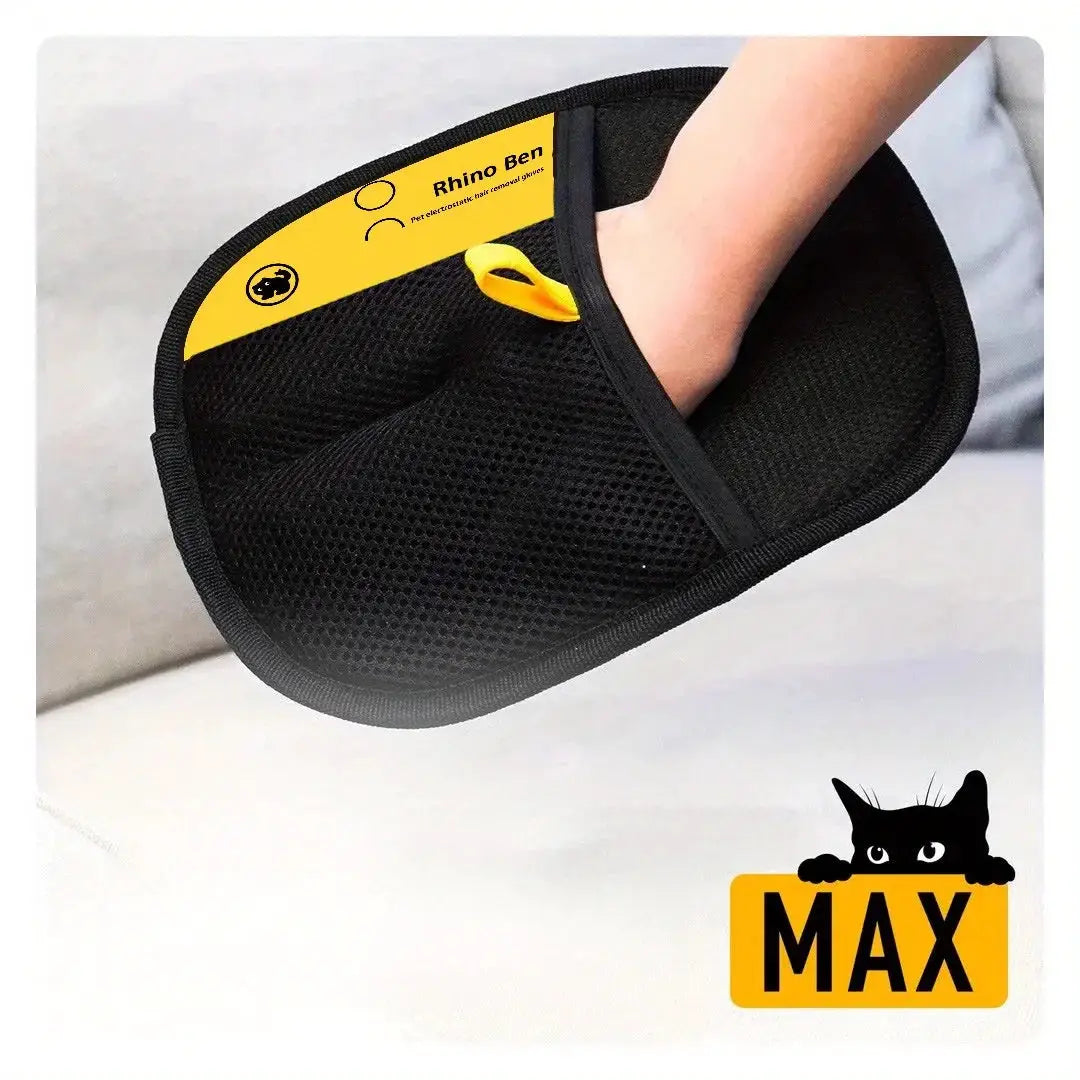 2-piece pet hair removal gloves by Simples Market, black double-sided cat grooming gloves; MAX logo visible