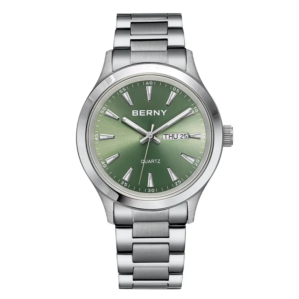 BERNY men's stainless steel quartz watch with green dial, luminous markers, day-date display.