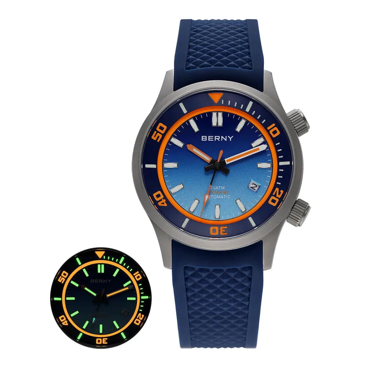 BERNY 20ATM Titanium Automatic Diver Watch for Men, Simples Market, blue gradient dial with orange accents.