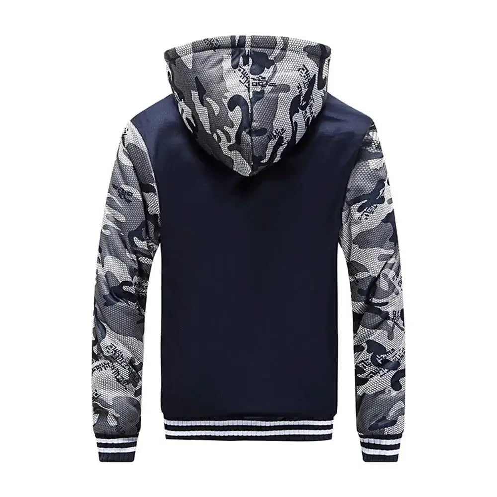 Back view of men's camouflage hooded jacket by Simples Market, navy body with gray camouflage sleeves and hood.