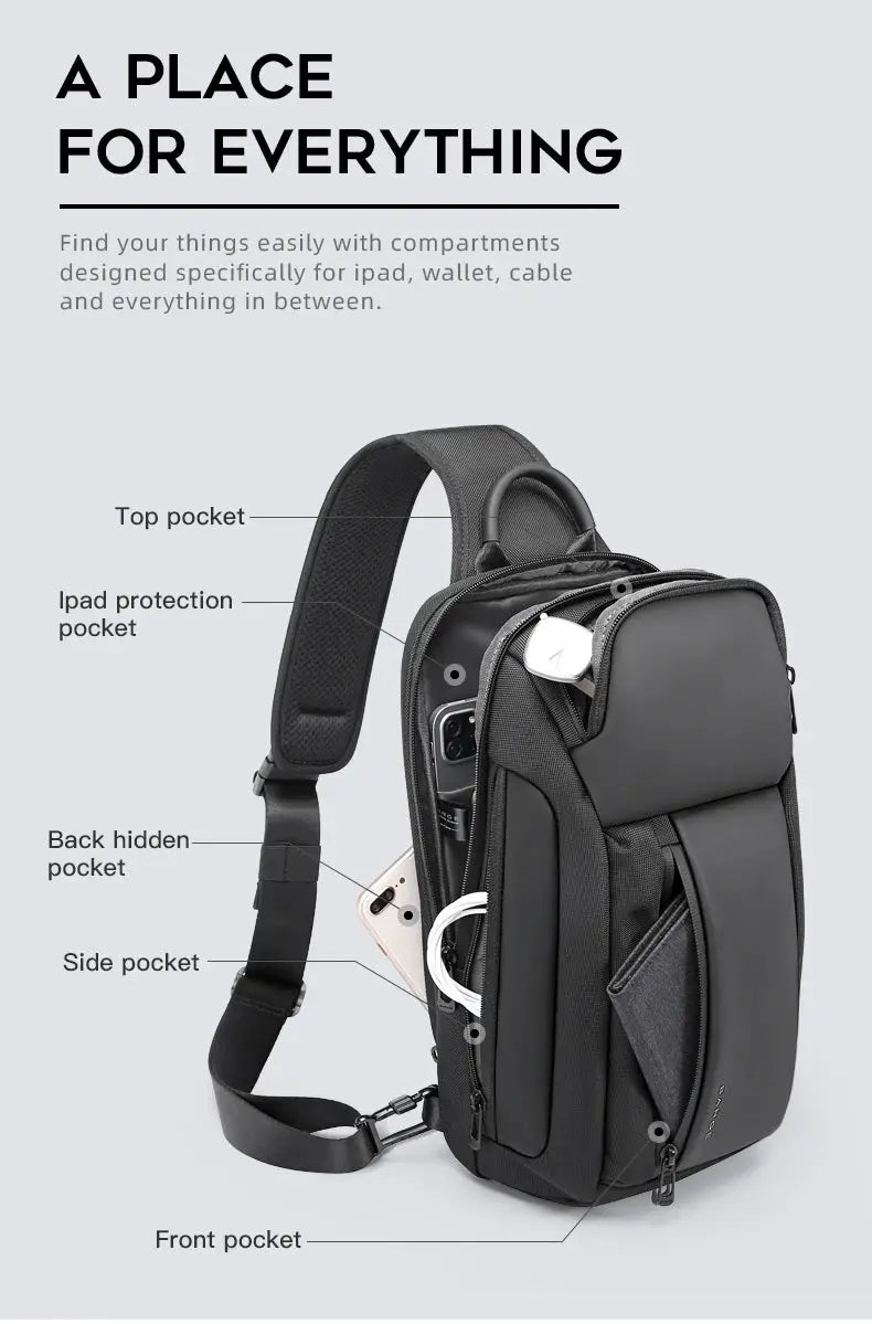 Simples Market Bange New Oxford waterproof chest bag crossbody for men, black with multiple pockets.
