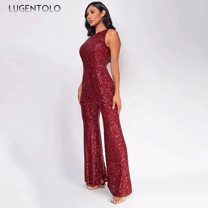 LUGENTOLO sequined red jumpsuit, sleeveless, high-waisted, women's fitted glamorous overall