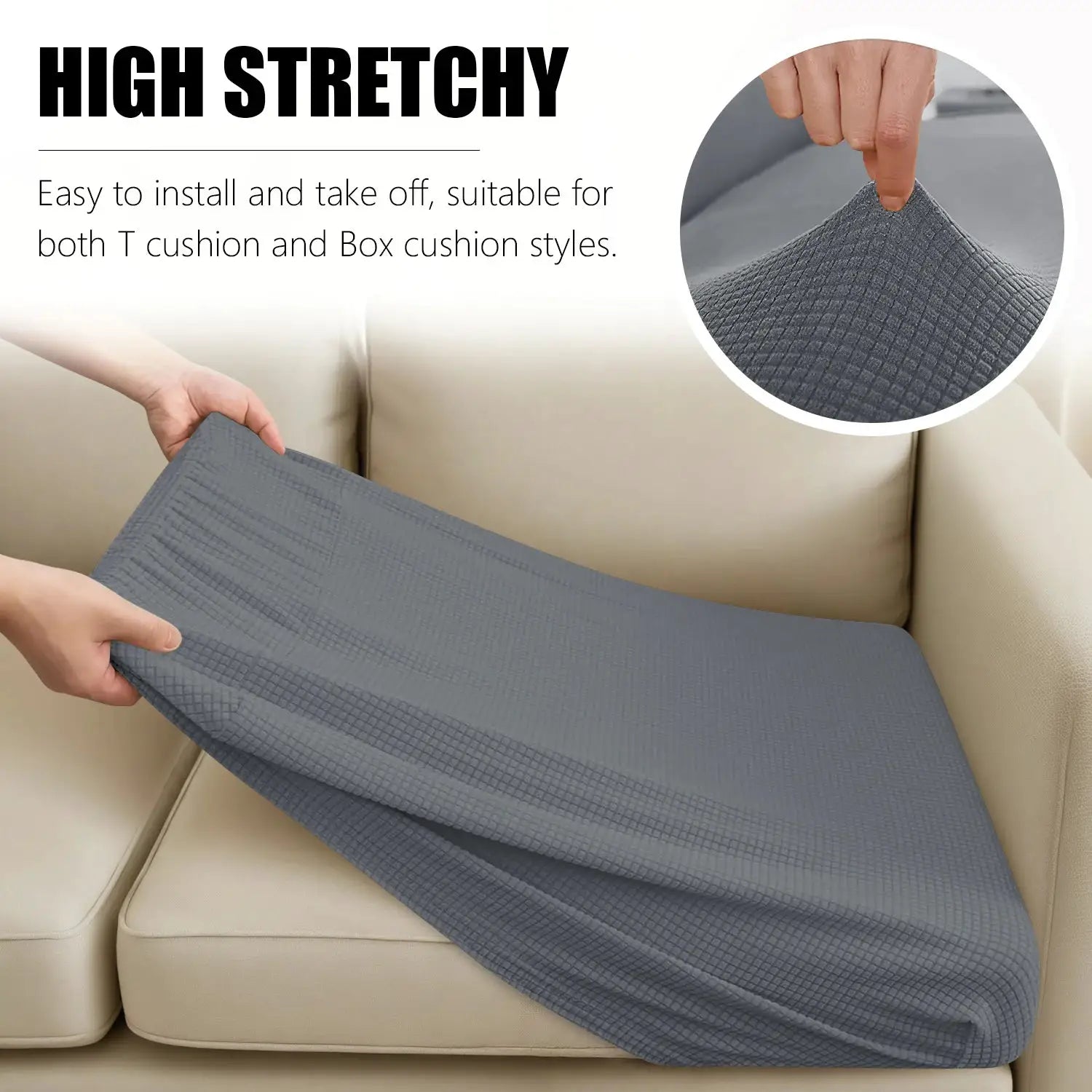 Sofa cushion cover kit by Simples Market in grey jacquard, a 1–4 seat waterproof slipcover being placed on a beige sofa