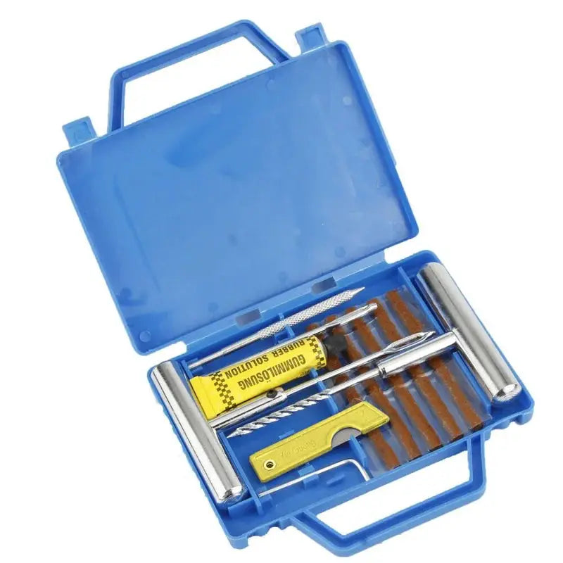 Car tire repair kit in a blue plastic case with plugs, reamer, and tools by Simples Market