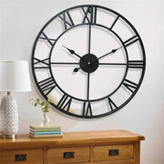 Wall clock, modern 3D round black metal with Roman numerals and silent movement