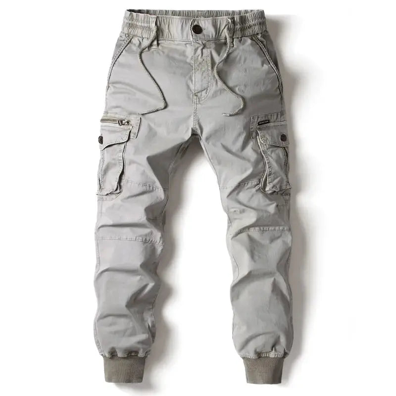 Simples Market cargo pants, light gray cotton joggers with multiple pockets, drawstring waist, ribbed cuffs