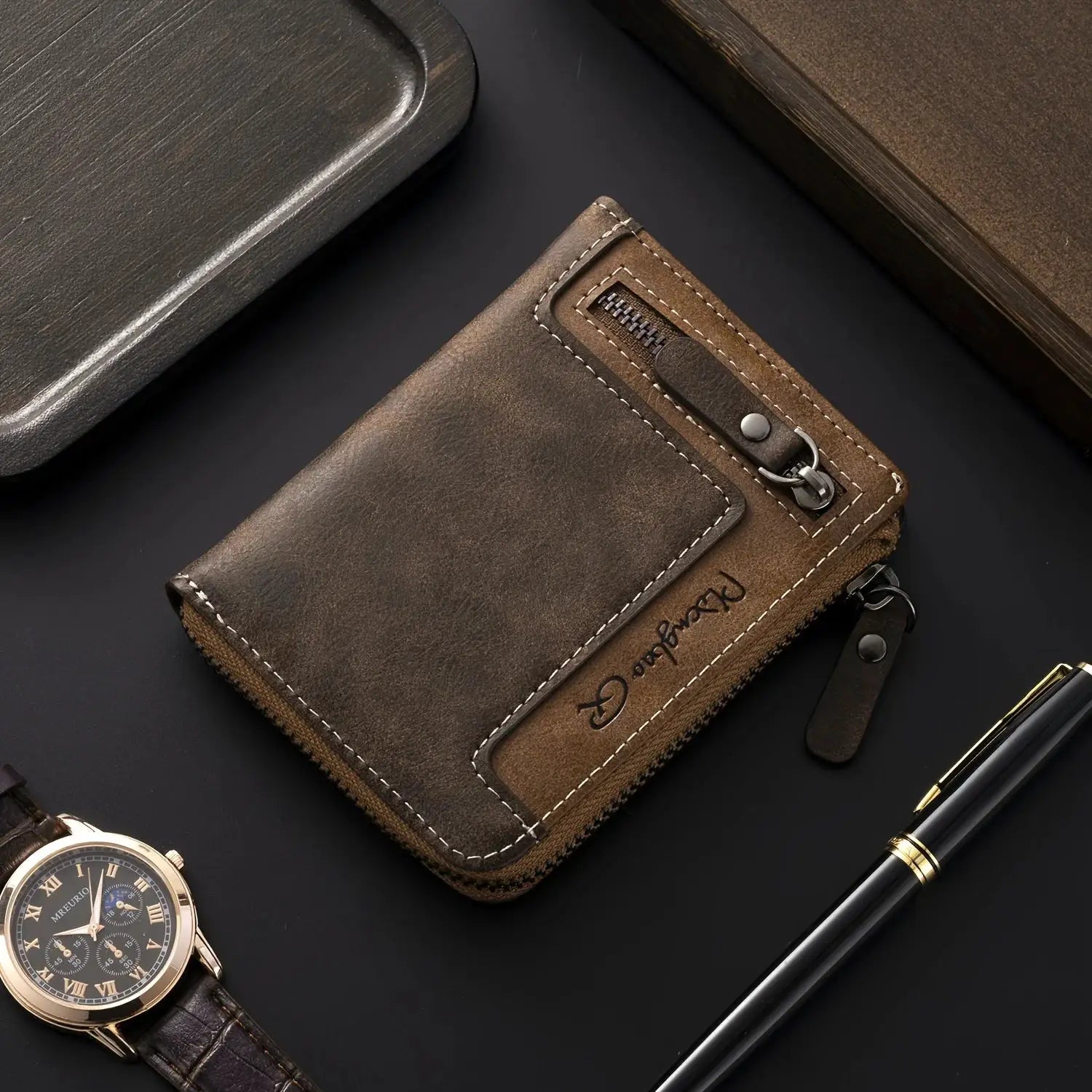 Men's retro short wallet in brown PU leather with a zip coin pocket