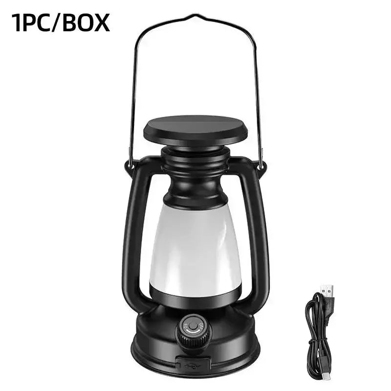 LED lantern lamp by Simples Market with black metal frame and glass chamber, USB rechargeable