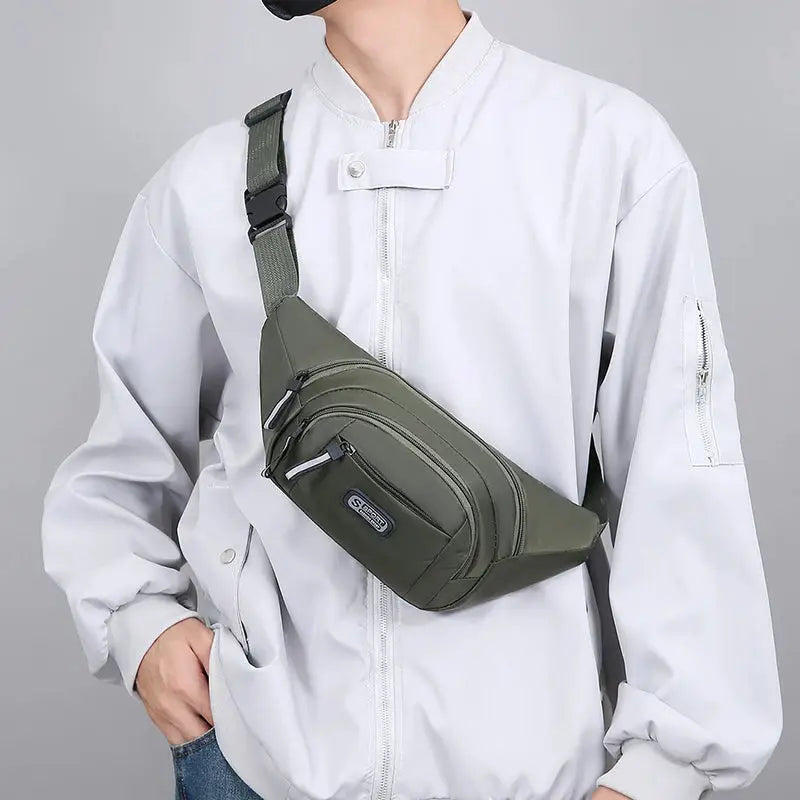 Men's waist pack by Simples Market; olive green, large-capacity crossbody fitness bag.