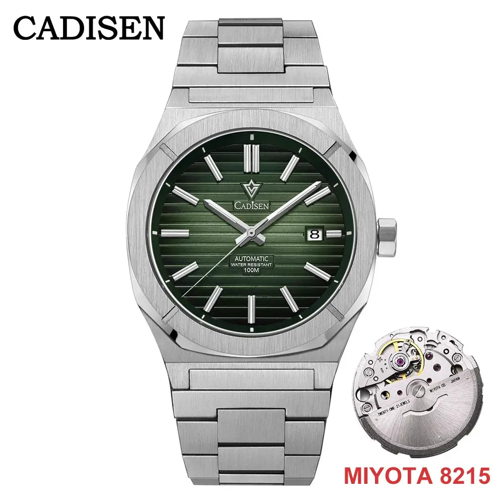 CADISEN stainless steel diver watch with green dial, date window, automatic Miyota 8215 movement, 100m water resistant