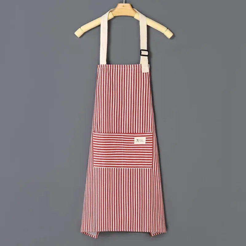 Simples Market red and white striped apron with white neck straps and front pocket