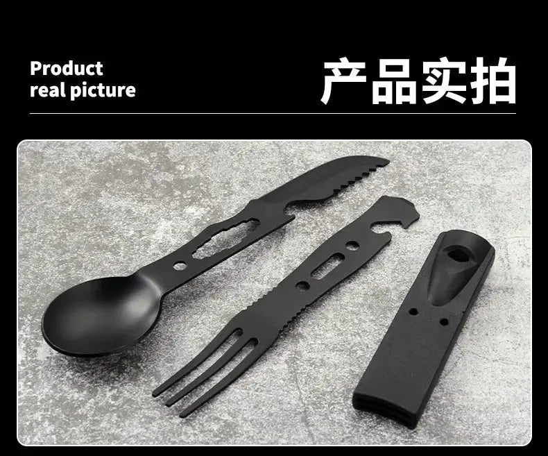 Simples Market 4-piece portable camping tool set in black stainless steel with spoon, fork, serrated knife, and whistle with sheath
