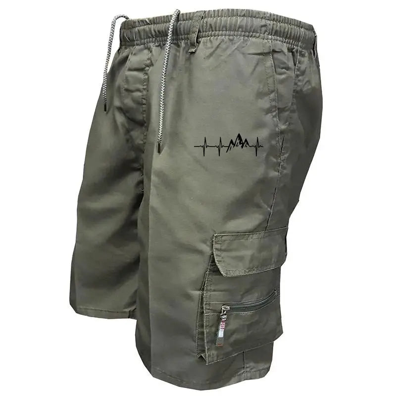 Simples Market men's olive cargo shorts with drawstring, multi-pocket design and mountain waveform graphic.