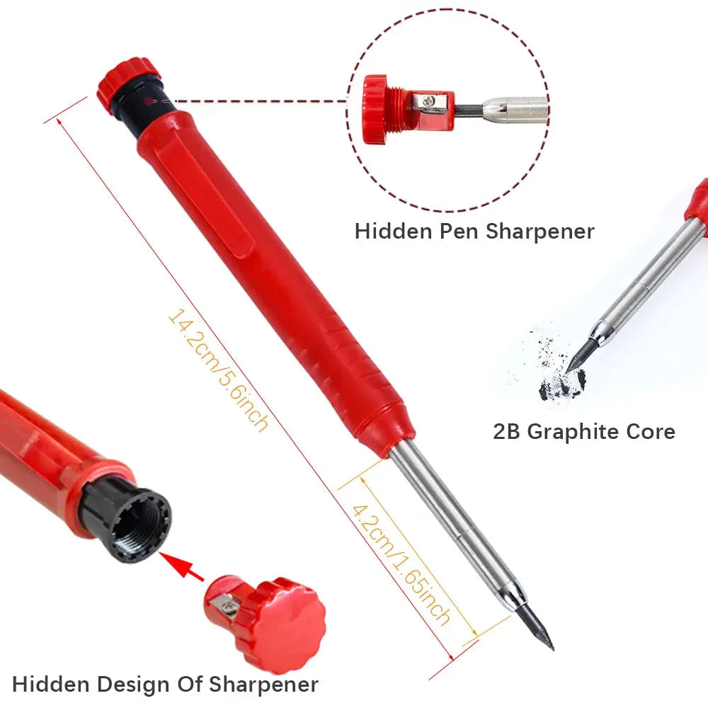Solid carpenter pencil set by Simples Market with built-in sharpener, red handle, 2B graphite core.