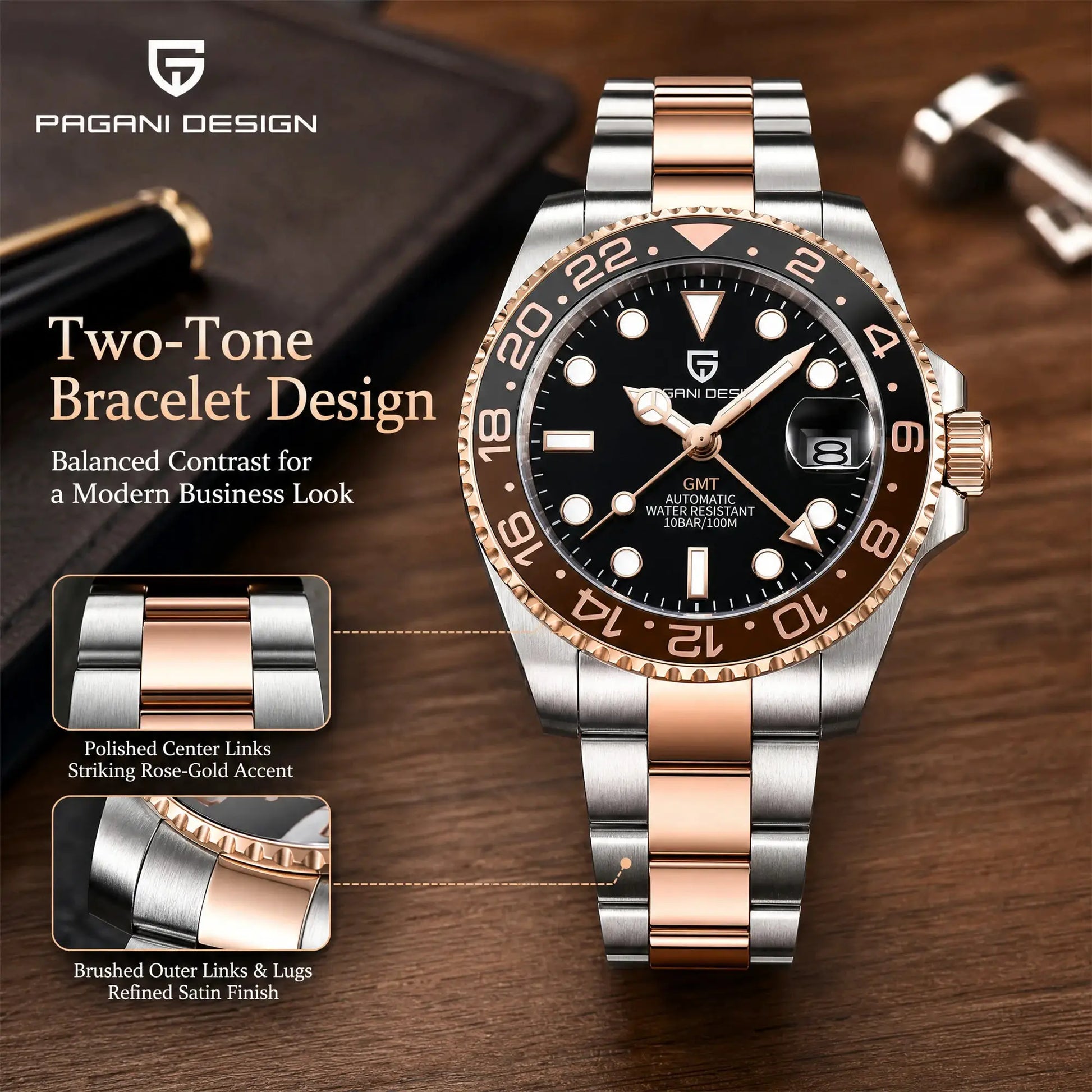 Pagani Design two-tone stainless steel GMT watch with rose-gold center links and sapphire glass