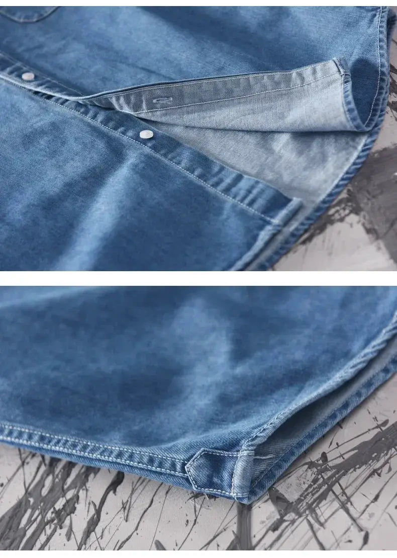 Men's long-sleeve denim shirt, 100% cotton, light blue wash, Simples Market