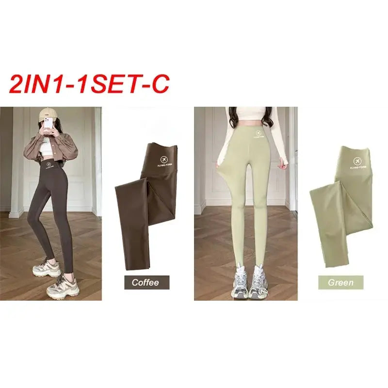 Simples Market M-XL Shark Pants 2-in-1 set; coffee and green high-waisted yoga tights