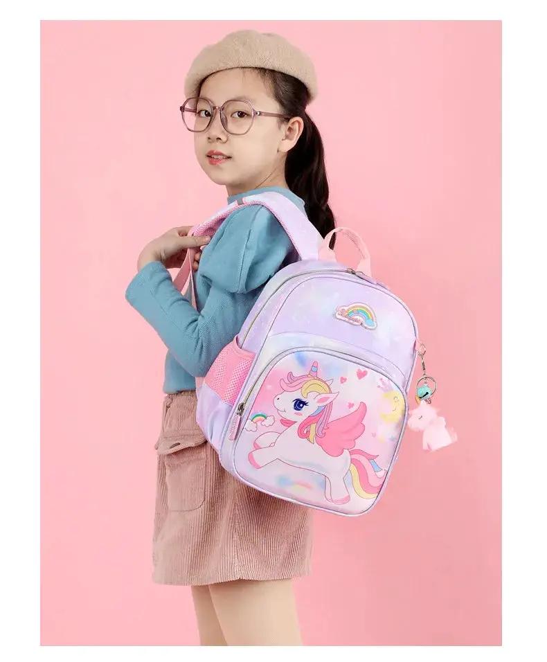 Simples Market unicorn backpack for girls, pastel purple-pink with rainbow unicorn print and pink straps