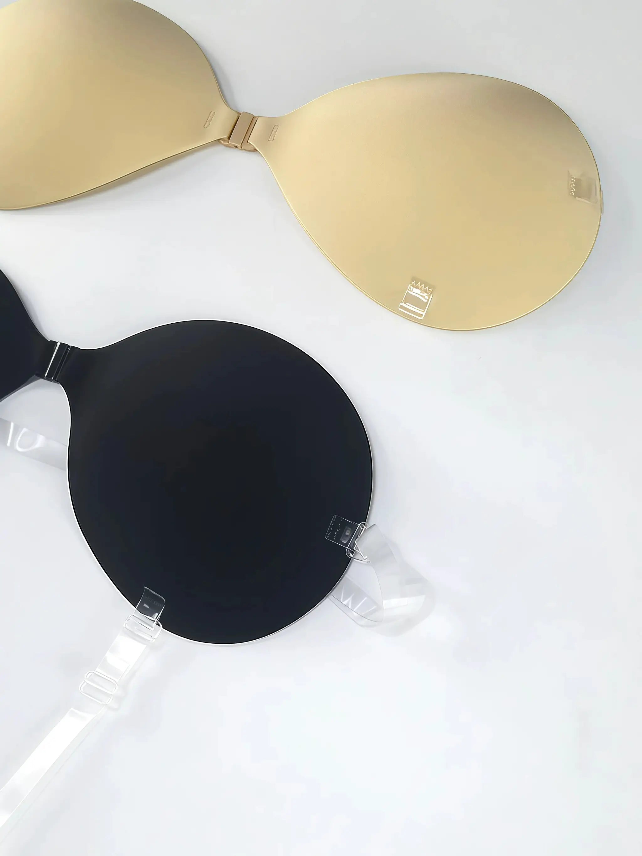 Simples Market invisible stick-on lift bra; strapless, seamless gold and black silicone cups with clear straps (3-pack)