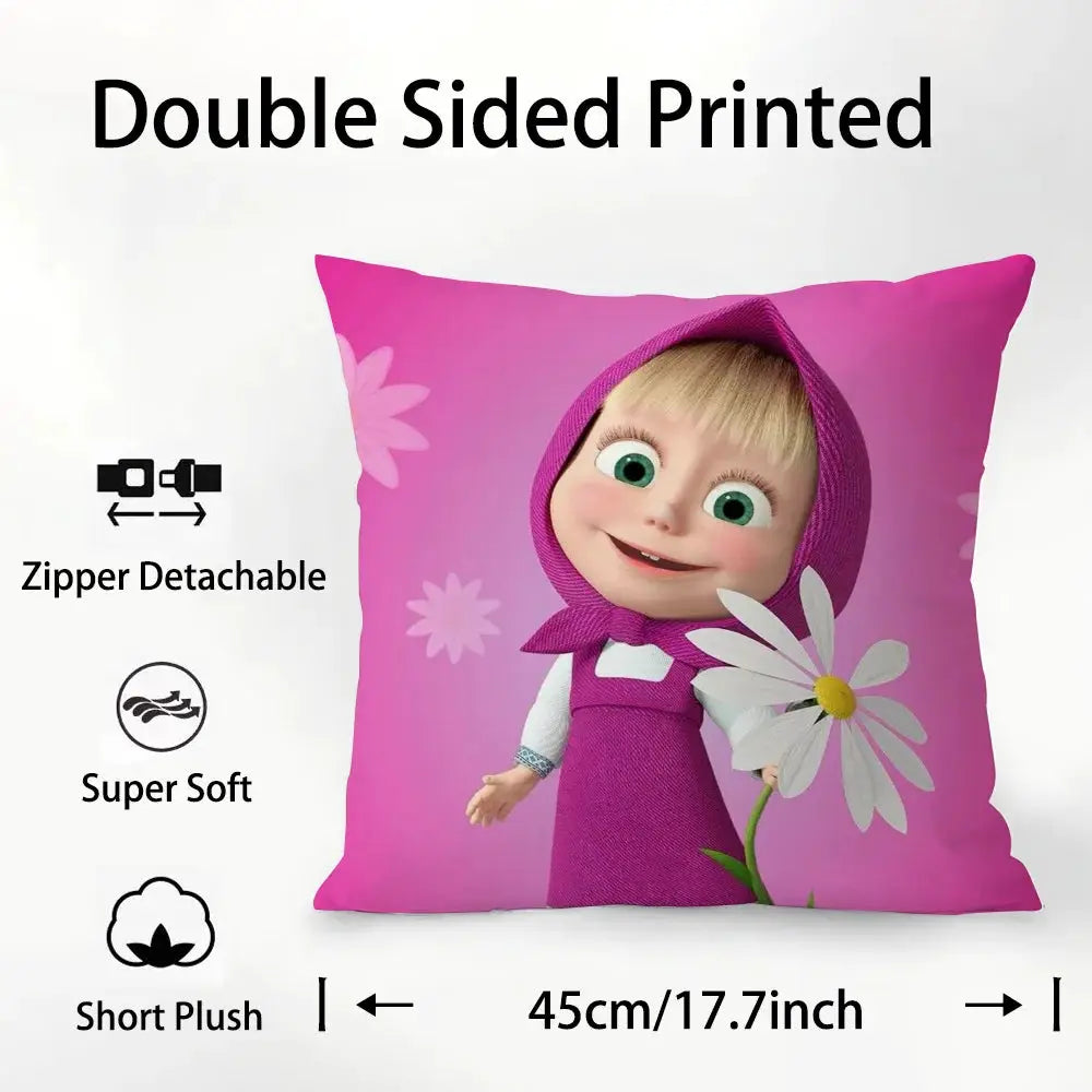 Simples Market M-Masha and B-Bears pillow case, pink plush, double-sided print, zipper detachable, 45cm.