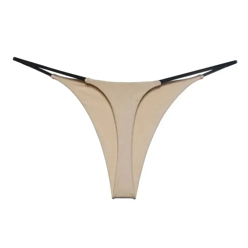 Nude low-rise G-string thong with black elastic waistband, seamless and breathable