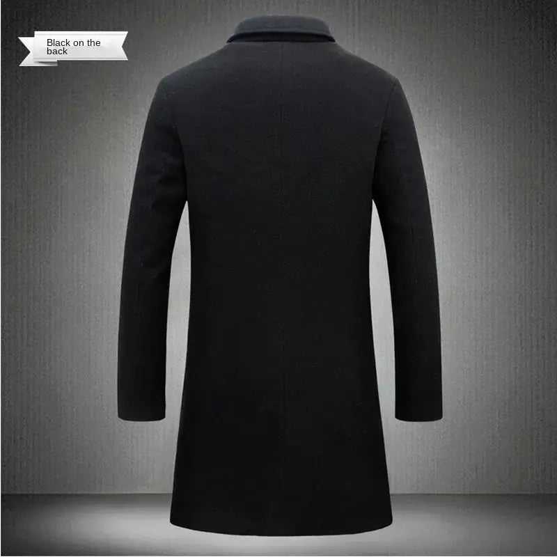 Long black wool-blend coat for men, back view, slim casual business outerwear.