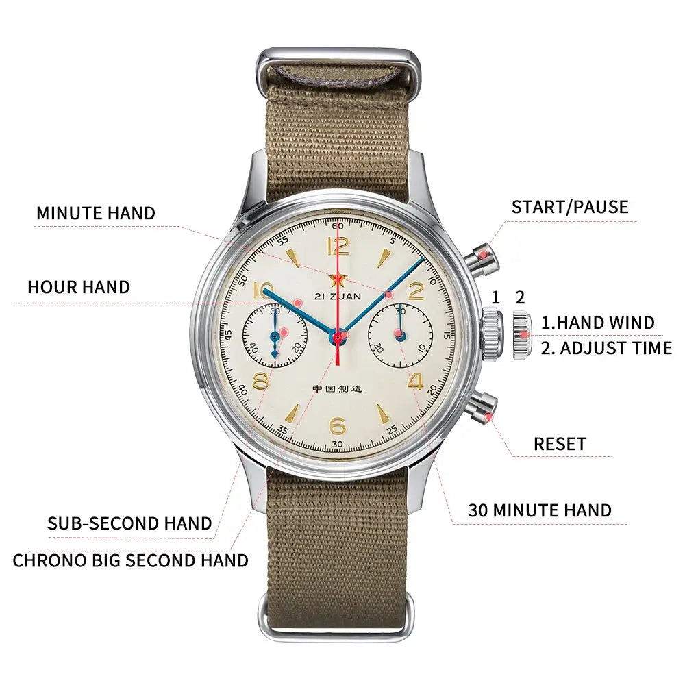 Red Star 38mm men's chronograph watch with beige fabric strap and cream dial