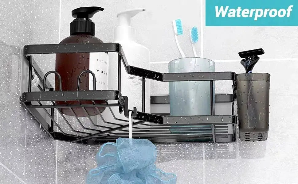 No drilling stainless steel triangle corner shelf, double-layer black bathroom rack with bottles