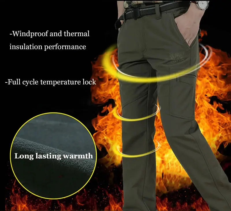 Simples Market men's tactical outdoor pants, olive green fleece-lined waterproof cargo trousers