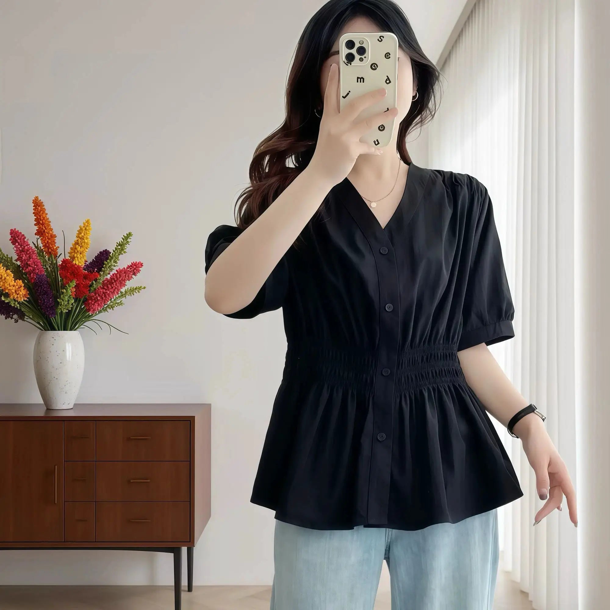 Plus Size Elastic Waist V Neck Puff Sleeve Blouse For Summer
