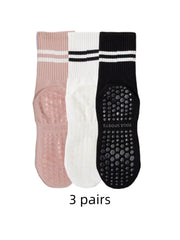 Three Pairs Yoga Socks Women Medium Length Anti Slip Silicone Sole Indoor Fitness Pilates Breathable Polyester