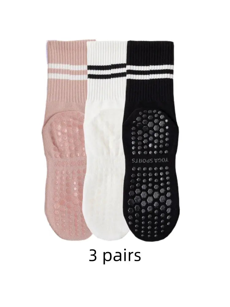 Three Pairs Yoga Socks Women Medium Length Anti Slip Silicone Sole Indoor Fitness Pilates Breathable Polyester