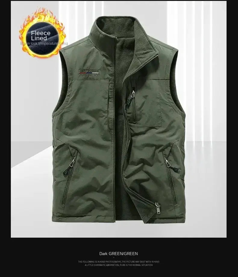 Men's outdoor heated gilet, dark green, fleece-lined for warmth
