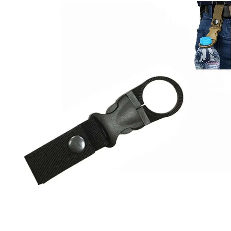 Simples Market MOLLE water bottle pouch with ring clip and strap, black nylon bottle holder.